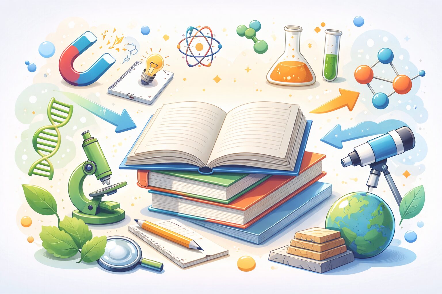 高校入試理科の一問一答学習をイメージした物理・化学・生物・地学の図解イラスト