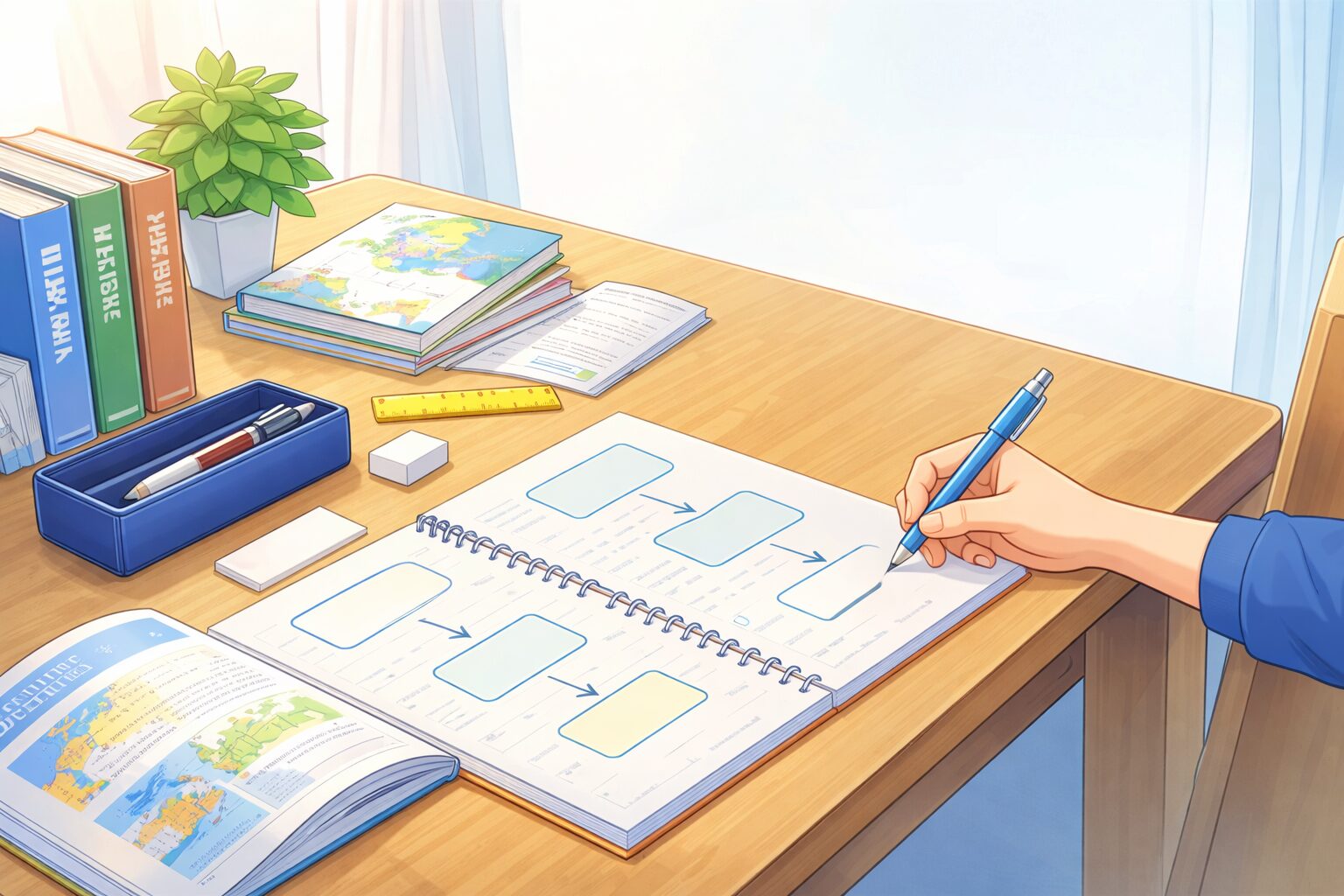 中学生がノートに記述問題を書き込んでいる学習イメージ。原因と結果や地域の特徴などを整理しながら学習している