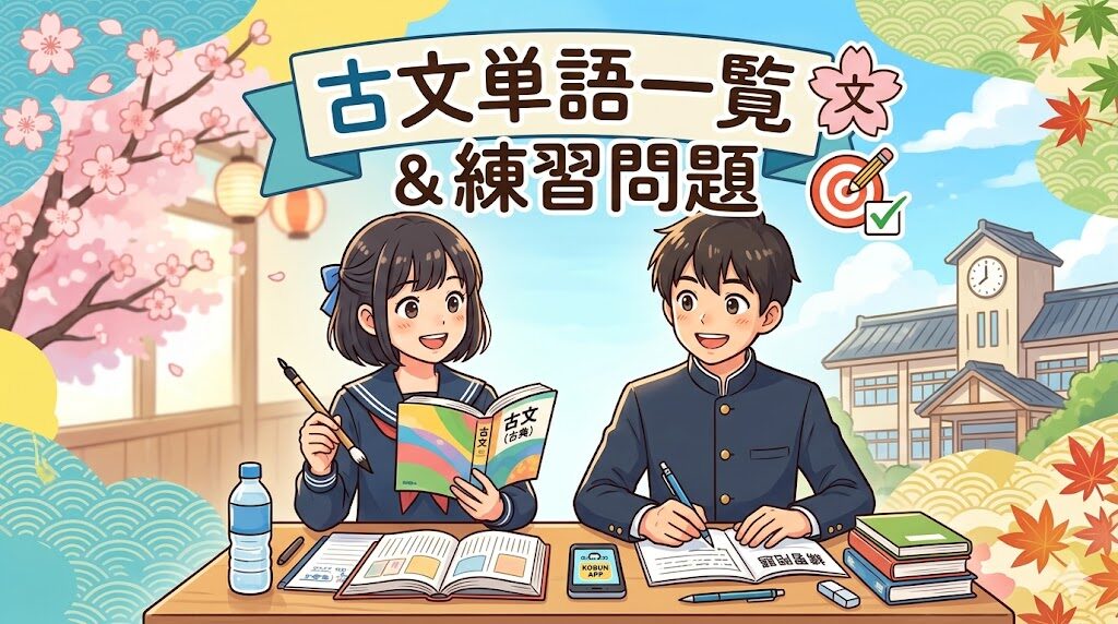 桜と紅葉を背景に、机で古文の勉強をする男子中学生と女子中学生のイラスト。明るく親しみやすい雰囲気で、和風の装飾が施されたアイキャッチ画像。