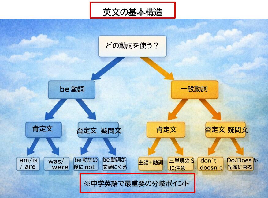 be動詞と一般動詞の違いと文の作り方の分岐イメージ図