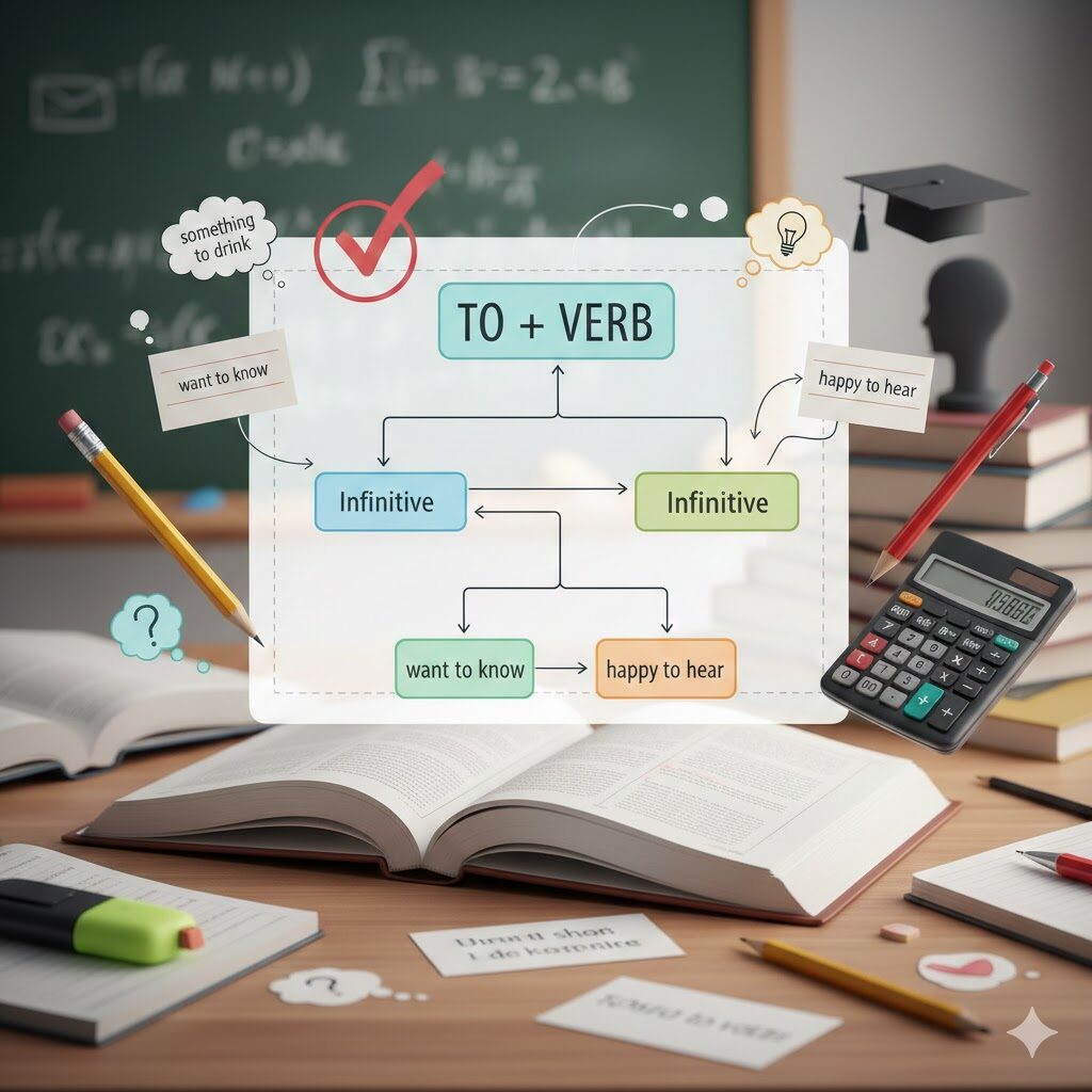 中学英語の不定詞の用法を見分ける練習問題と、解き方のポイントを整理した学習イメージ図。定期テスト・高校入試対策向けの図解デザイン。