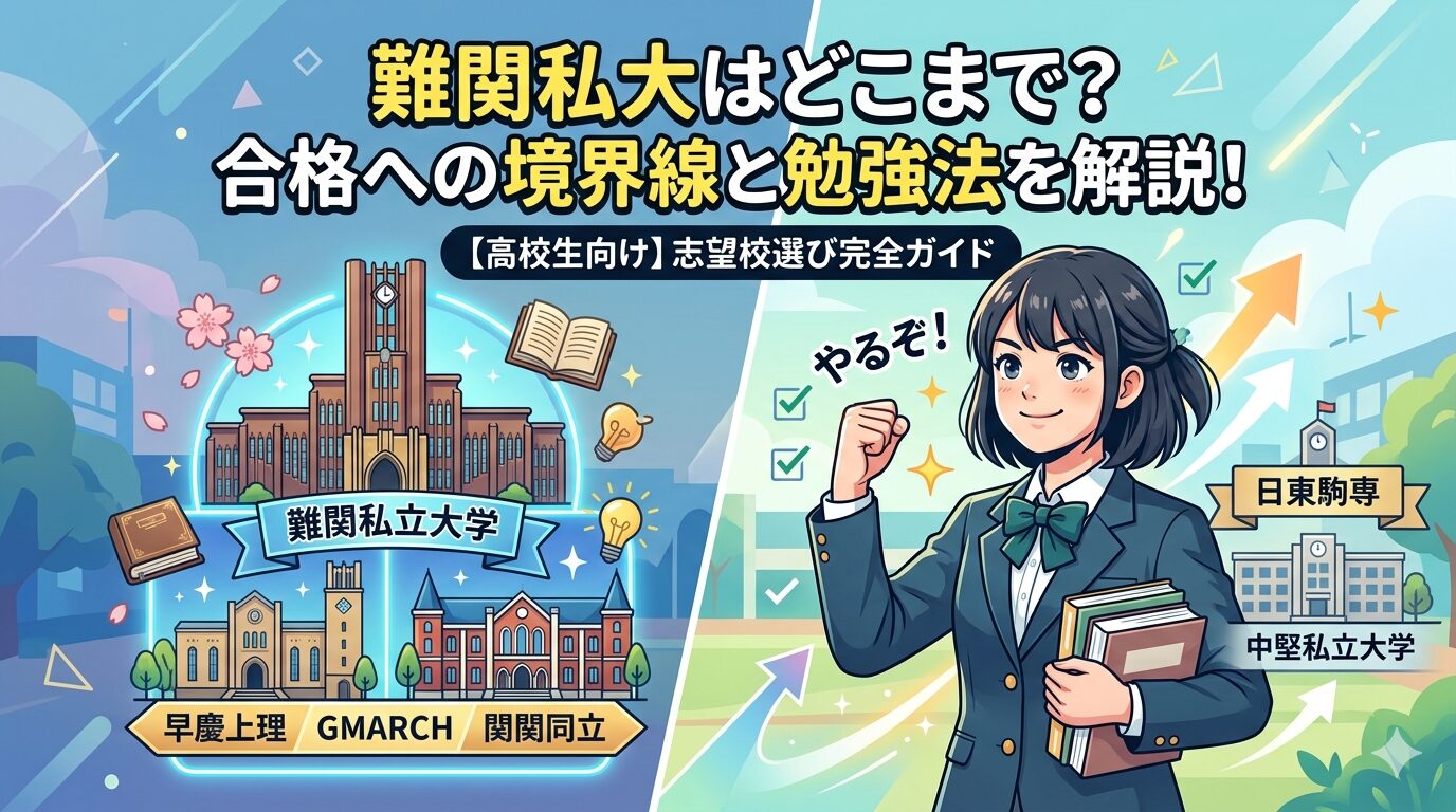 「難関私大はどこまで？合格への境界線と勉強法を解説！」というタイトルが入った、高校生向けの大学受験対策アイキャッチ画像。 右側には、参考書を抱えてガッツポーズをし「やるぞ！」と意気込む制服姿の高校生女子が描かれている。 左側には「難関私立大学」として早慶上理・GMARCH・関関同立のロゴや伝統的な大学校舎のイラストがあり、右下には「中堅私立大学」として日東駒専などの校舎が配置されている。背景には上昇する矢印やチェックリストが散りばめられ、志望校選びと合格への意欲を視覚的に表現している。