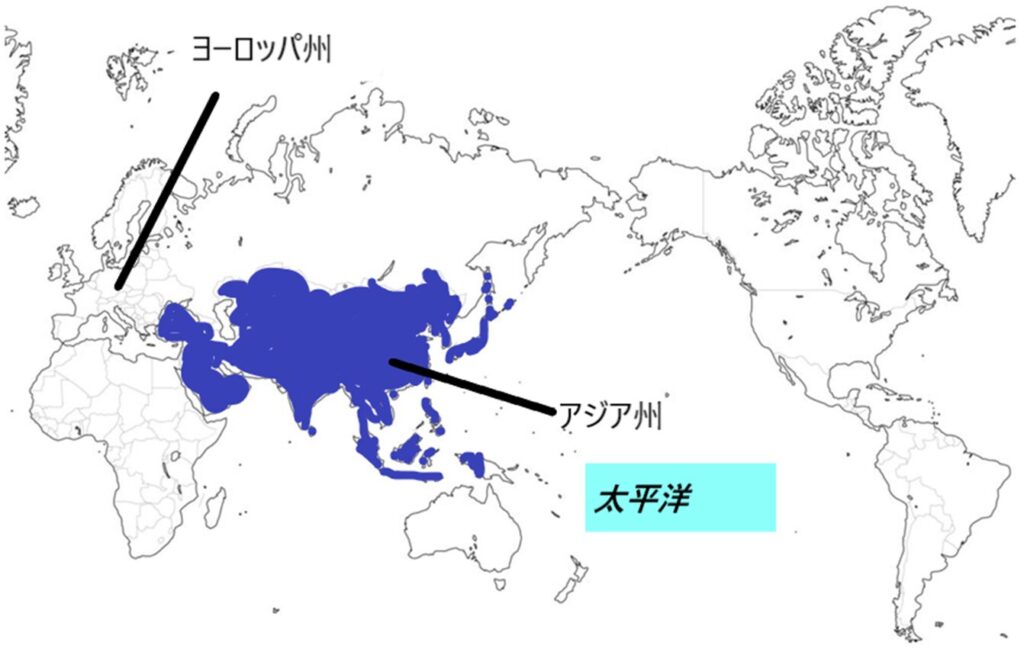 中1地理 アジア州の位置と周辺の大陸・海が分かる地図