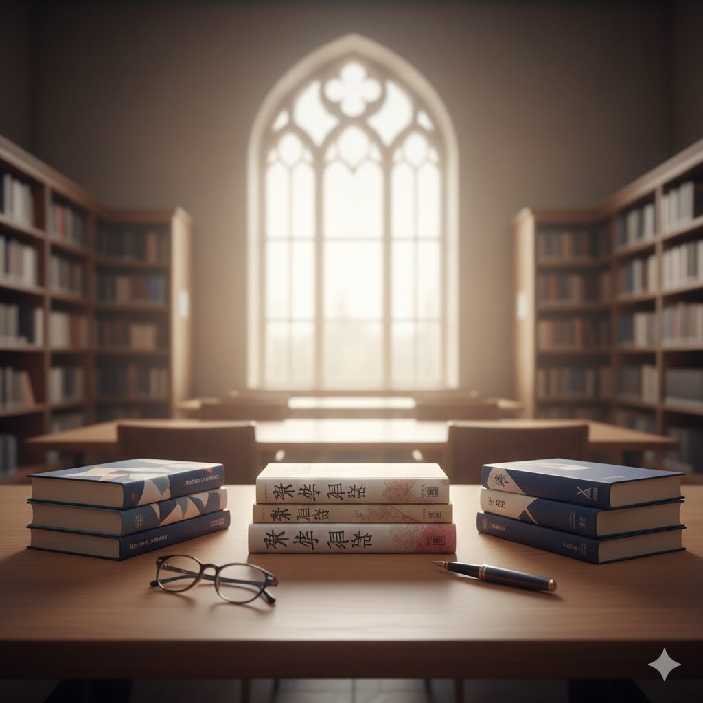 図書館の大きなテーブルに積み上げられた3つの本の山と眼鏡、万年筆。窓から差し込む光が、大学受験の国語（現代文・古文・漢文）の体系的な学習と合格への道筋を象徴している。