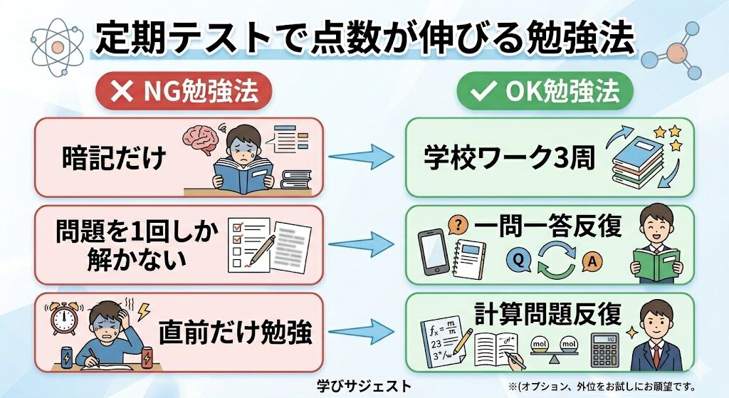 化学基礎の定期テストで点数が伸びる勉強法を比較した図解。学校ワーク3周や計算問題反復の重要性を説明。