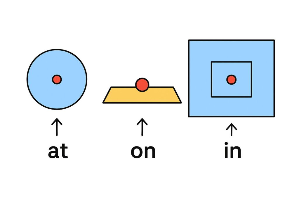 前置詞のin on atの違いを表す図
