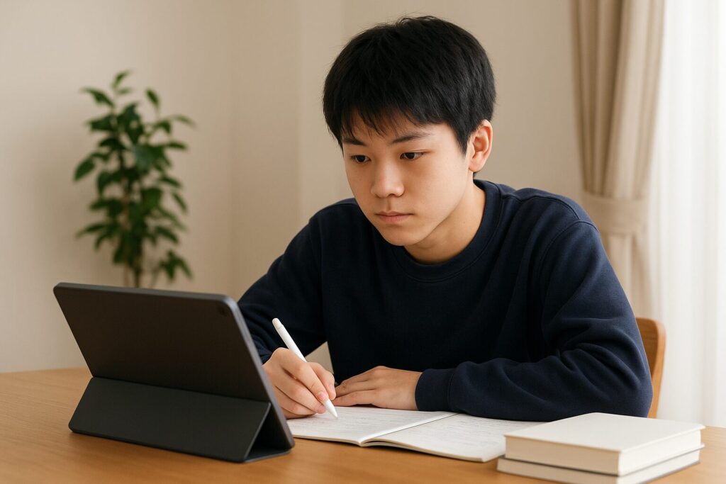 自宅で、タブレットで勉強している高校生男子