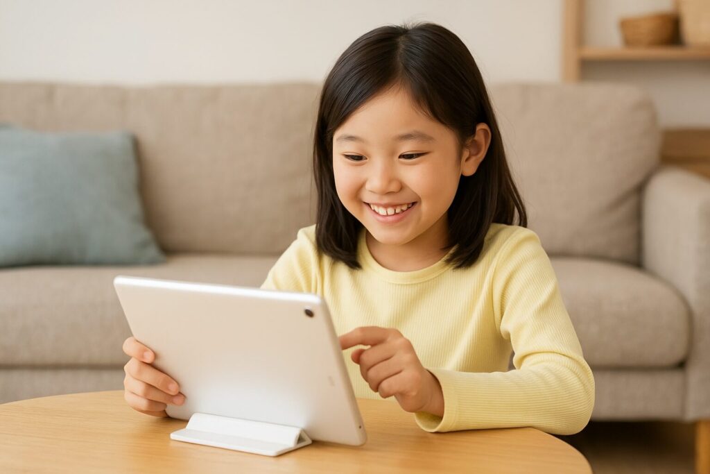 タブレットを使って自宅リビングで楽しそうに勉強している小学生女子
