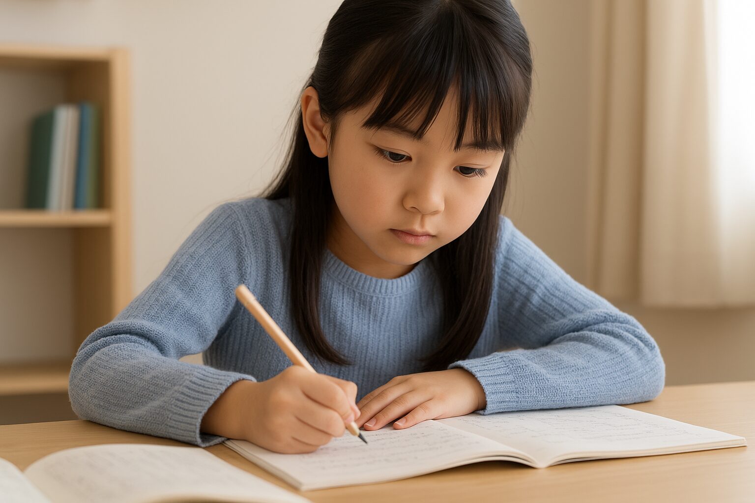 自宅で問題集を開いて熱心に勉強する小学生女子