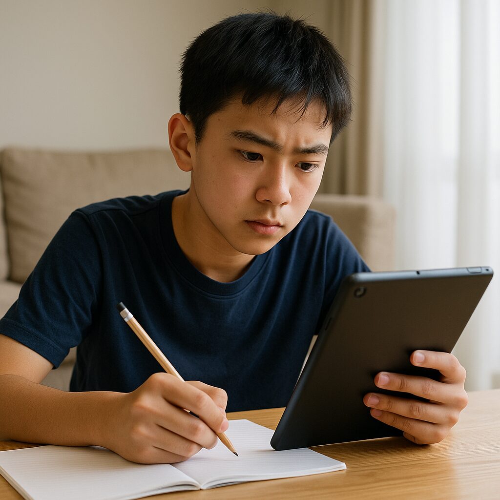 タブレットを使ってリビングで熱心に勉強している中学生男子