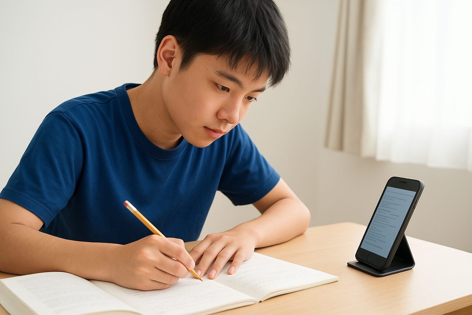 スマホを使って熱心に勉強している中学生男子
