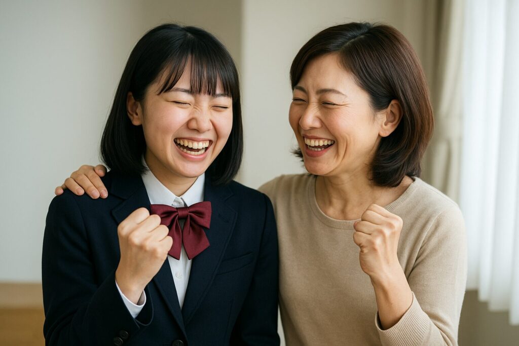 難関大学に合格して一緒に喜ぶ高校生女子とその母