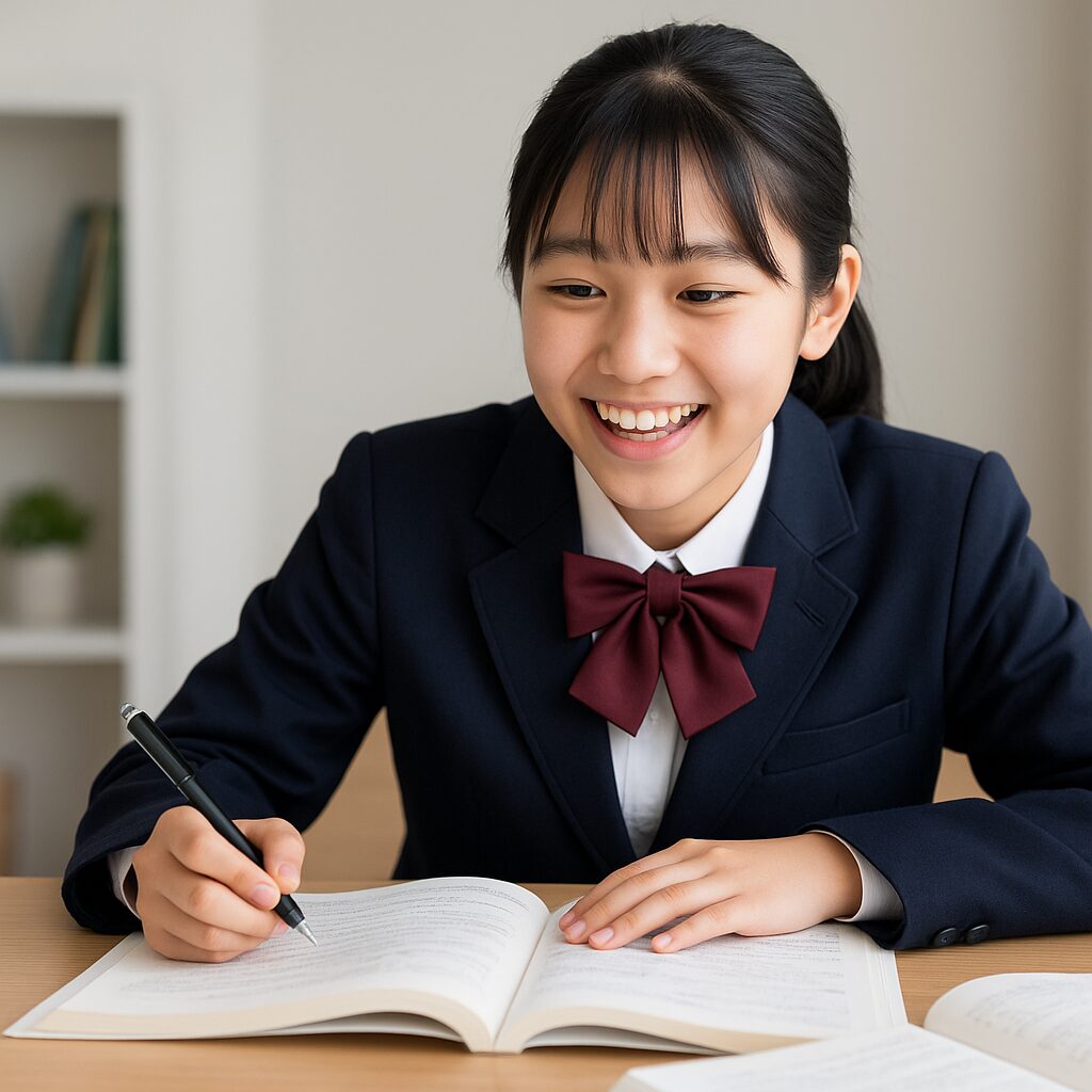 問題集を広げて、自信満々に勉強している中学生女子