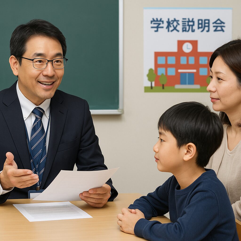 40代男性の先生1人と、その先生と同じ席で話をしている40代母親と小学6年生男子