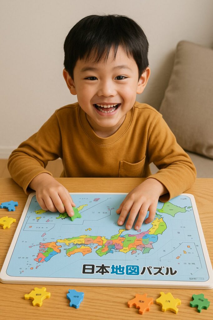 日本地図のパズルを楽しそうに解く小学校1年生の男の子