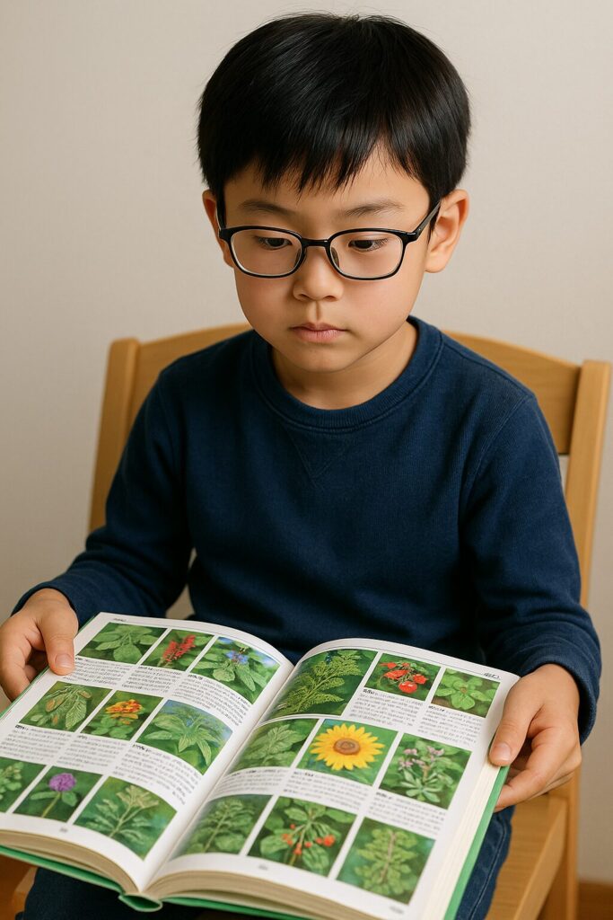 植物図鑑を熱心にみる小学生男子