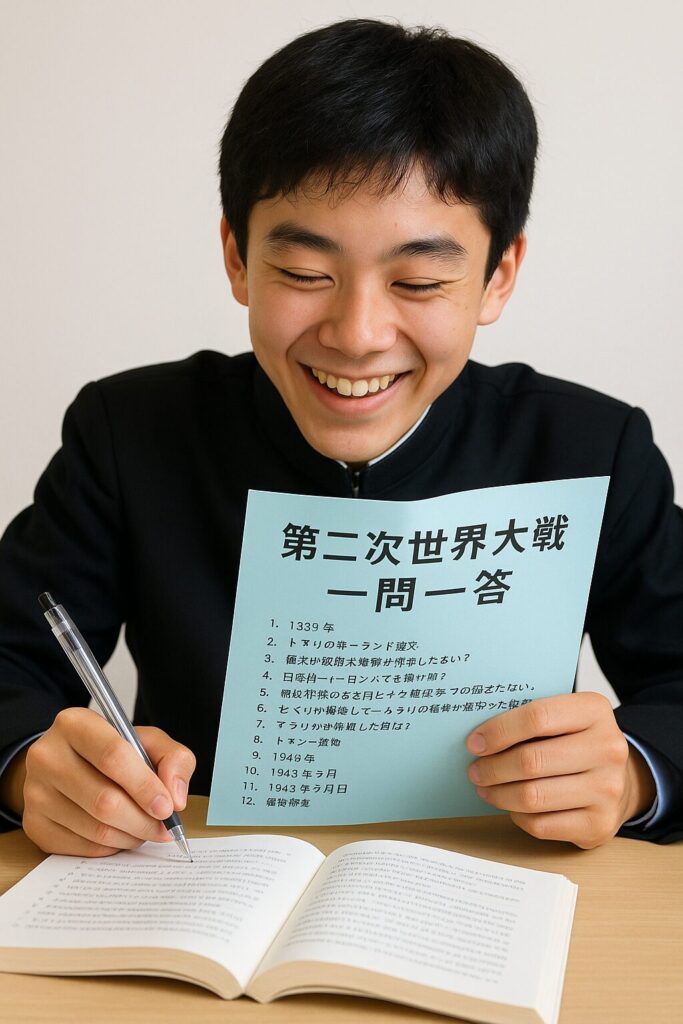 中学生が「分かった！」とうれしそうな表情で問題集を使ってテスト勉強をしている様子