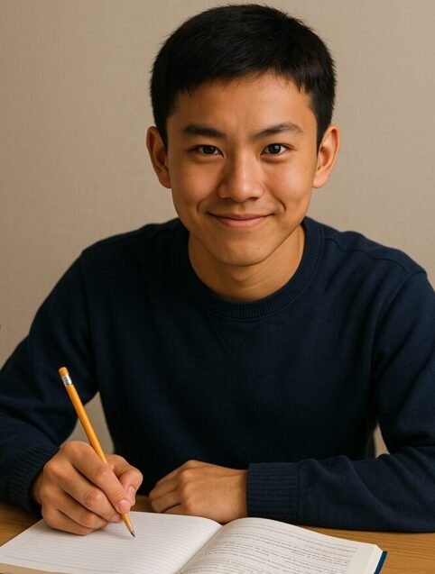 自信にあふれた表情でテスト勉強をする中学生