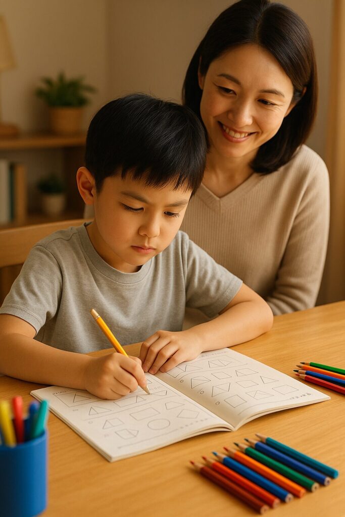 図形が描かれたドリルを使って熱心に勉強する小学生男子と、その様子をななめ後ろからうれしそうに見守る母親