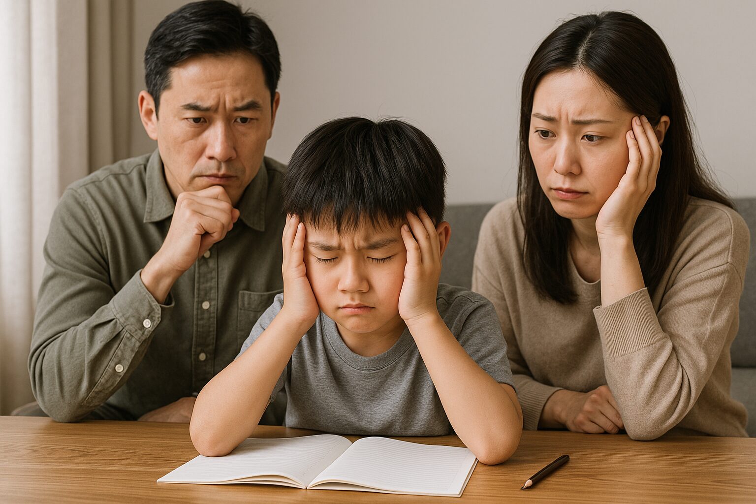 勉強をつらそうにしている小学生男子の我が子を前にして悩む父母