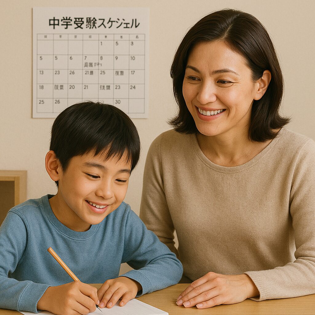 中学受験の勉強をする小学生の子どもと、その様子を自信を持って見守る母親