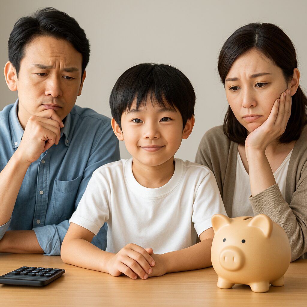 小学生の子どもと、そのそばでお金のことを考える父親母親