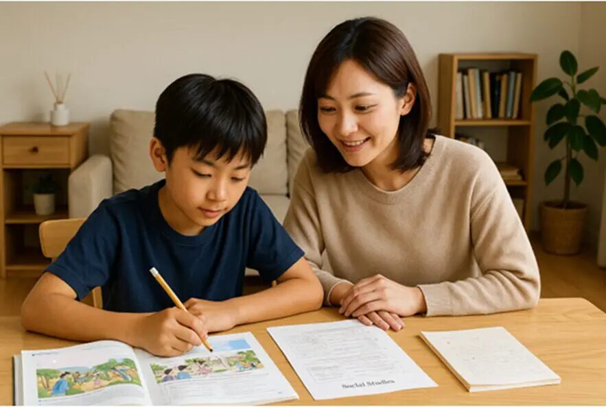 自宅リビングで勉強する小学生の男の子と、その様子を見守る母親