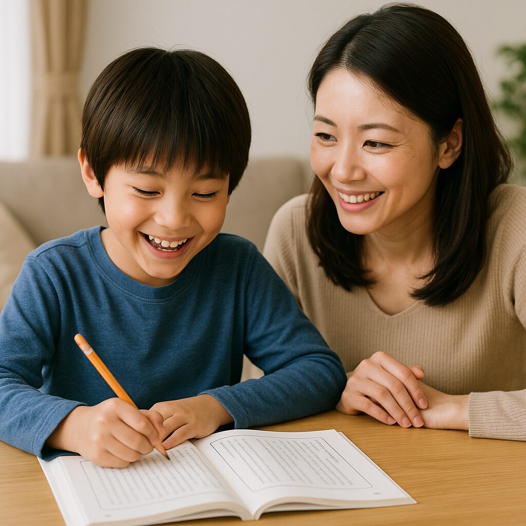 国語の長文読解問題集を楽しそうに解く小学生と、その様子をうれしそうに見つめる母親