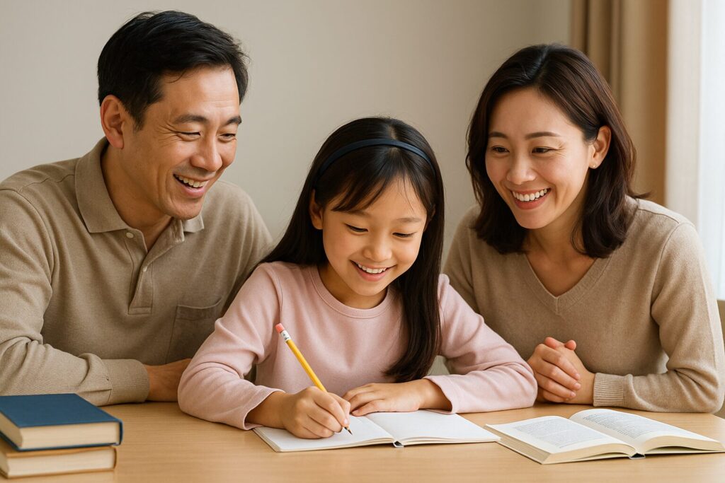 勉強する子ども(小学生女子)の様子をうれしそうに見る父親と母親