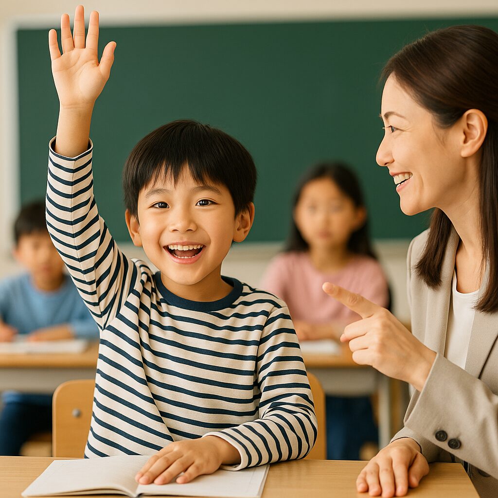塾の授業で手を上げる小学生男子