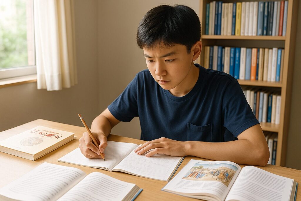 中学生男子が自宅の自分の部屋で真剣な顔つきで社会科のテスト勉強をしている様子