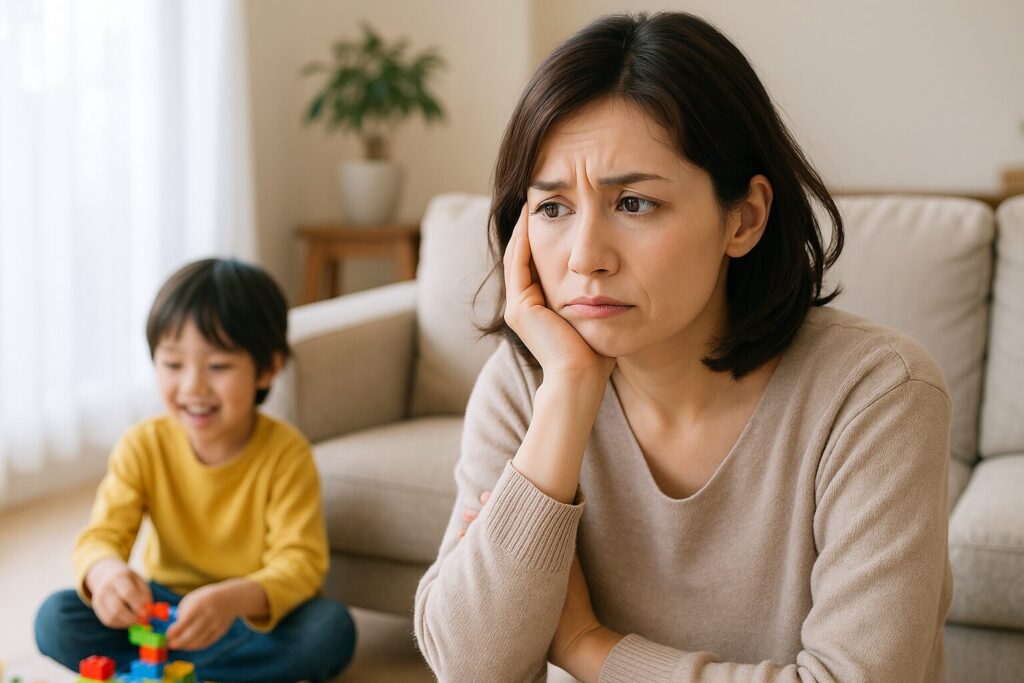 リビングで楽しそうに過ごす小学校低学年の我が子を見ながら悩む母親