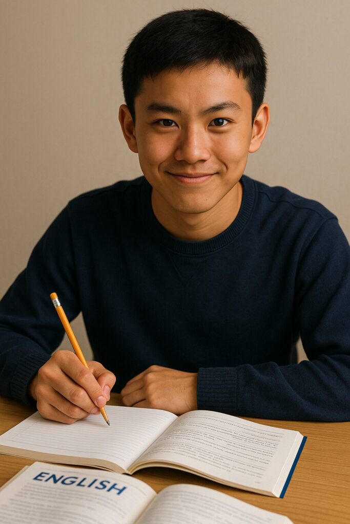 自信のみなぎった顔つきで英語の勉強をする中学生男子
