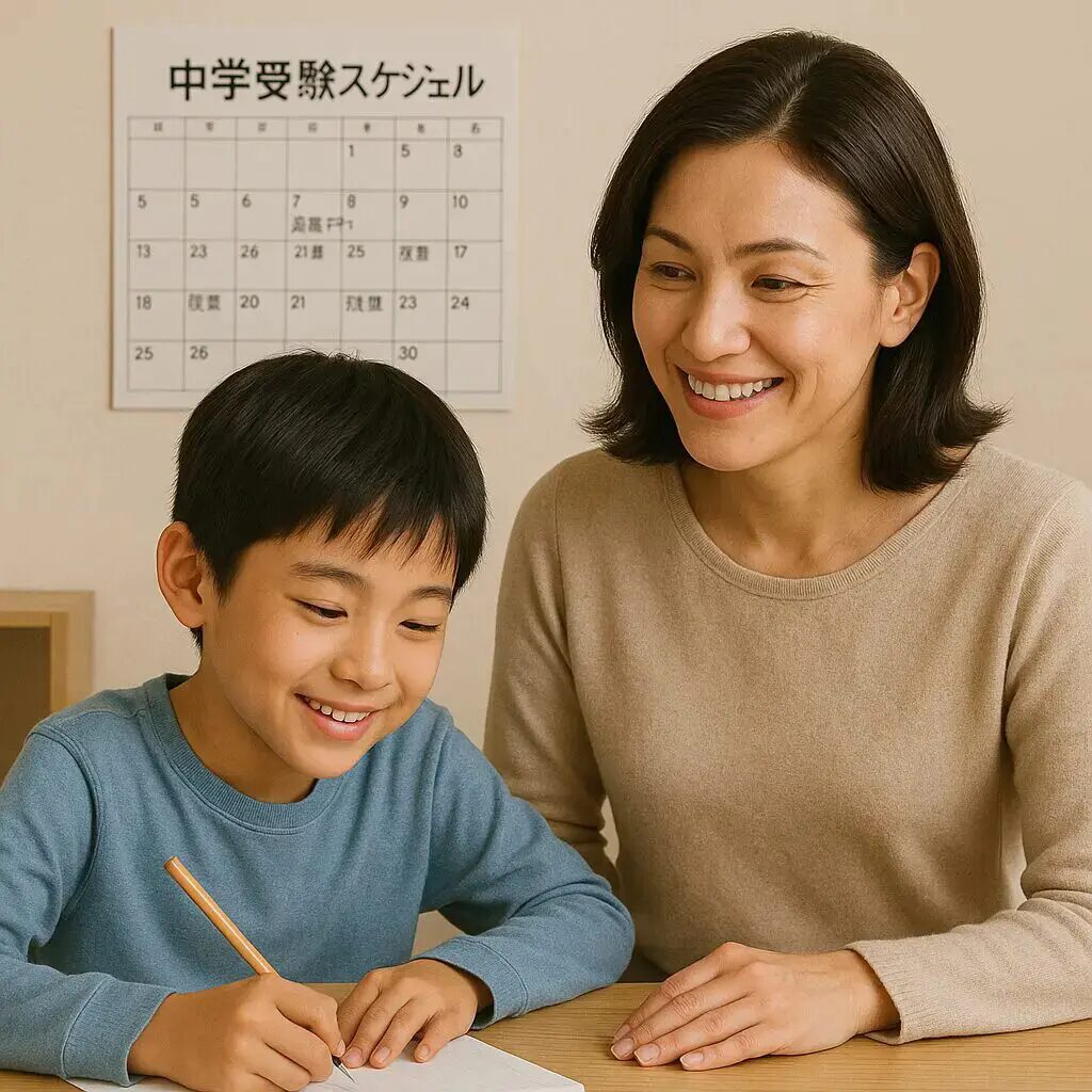 笑顔で勉強する小学生男子と、その様子をうれしそうに見守る母親
