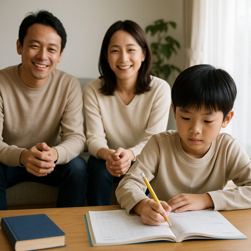 自宅リビングで集中して勉強する小学生男子と、その様子をダイニングテーブルから笑顔で見守る父母
