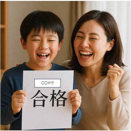 志望校に合格して喜ぶ母と小学生の息子の様子