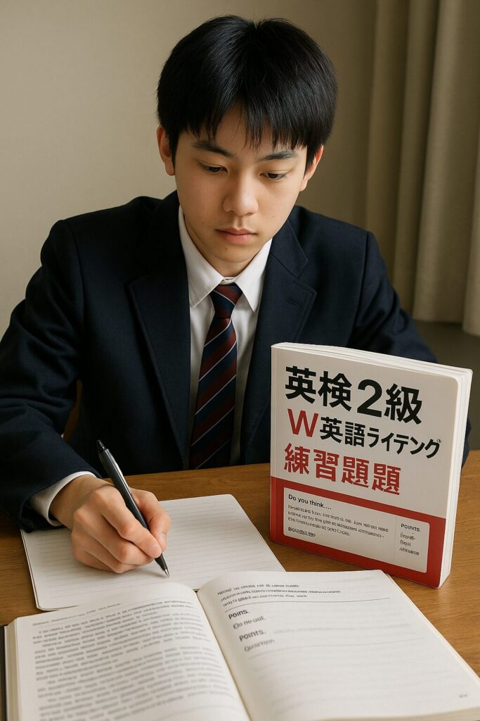 問題集を広げて英作文の勉強をしている高校生