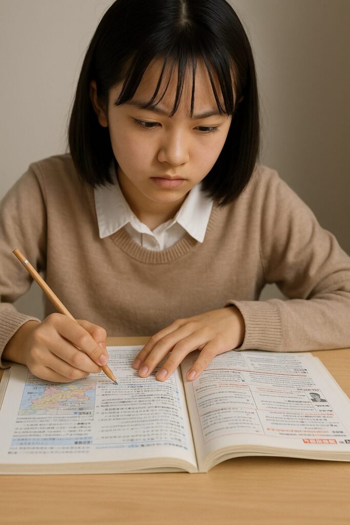 社会の問題集を広げて熱心に勉強する中学生の女の子