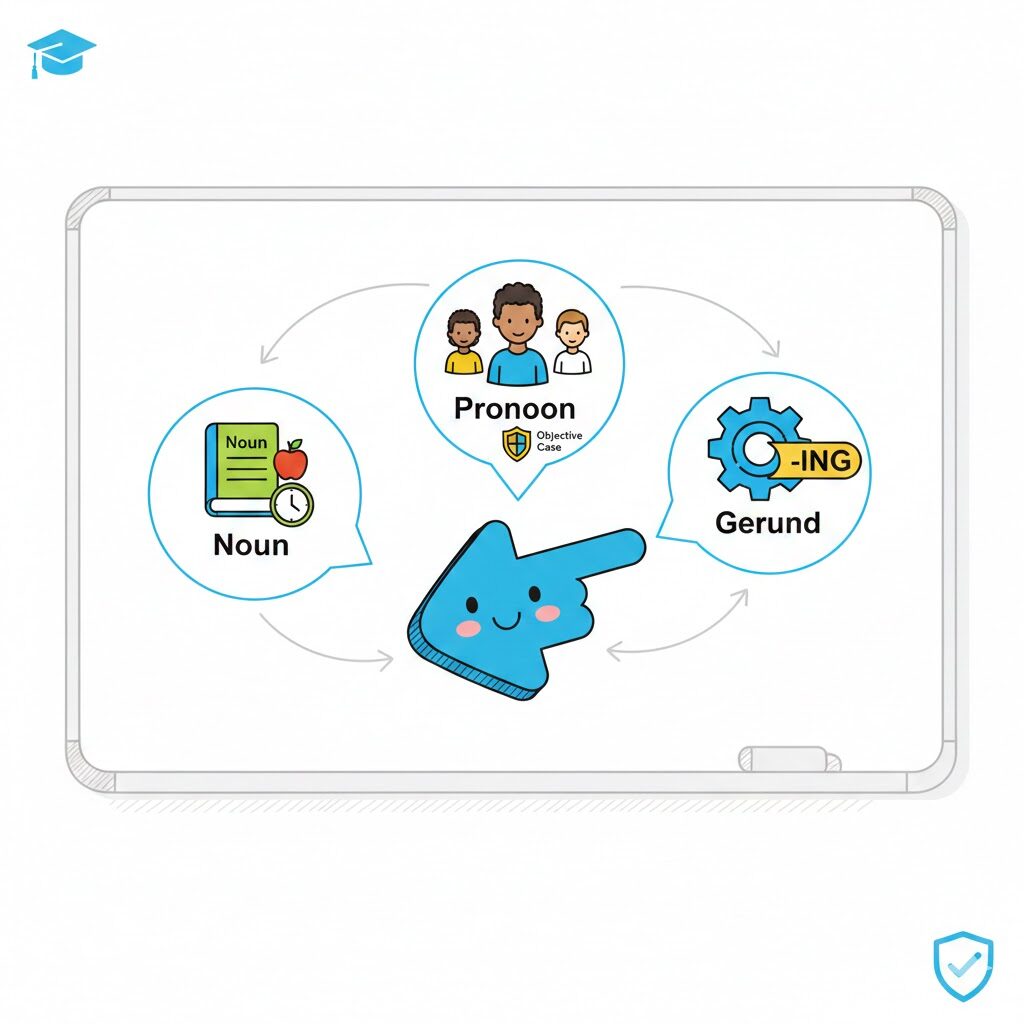 ホワイトボードに描かれた、前置詞の後ろに続く「Noun（名詞）」「Pronoun（代名詞・目的格）」「Gerund（動名詞・ing形）」の3つのルールを説明する可愛らしいイラスト。中学生の英語学習をサポートする視覚的な図解。