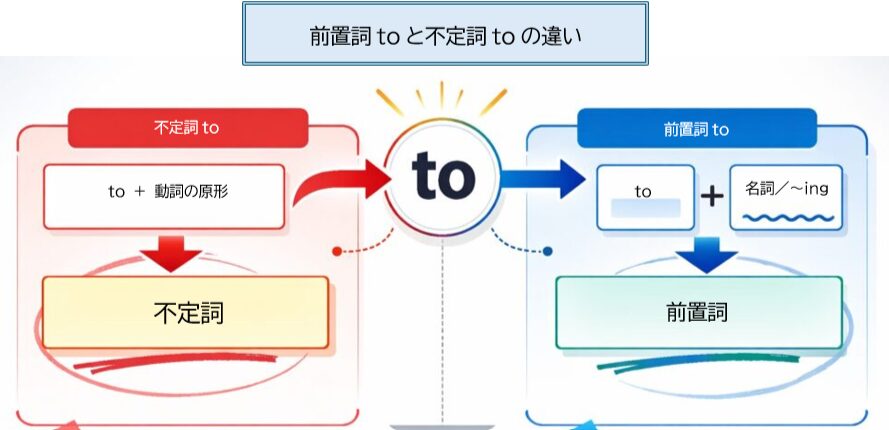 前置詞toと不定詞toの違いを後ろの形で判別する図解