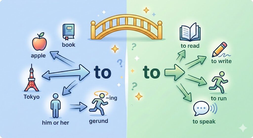 前置詞のto（名詞・場所・動名詞への矢印）と、不定詞のto（動作・動詞の原形への矢印）の役割の違いを視覚的に比較したイラスト。中学英語の文法解説用。
