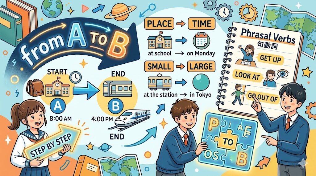 英語の前置詞の順番（from A to B、場所＋時、狭い＋広い）をイラストで解説した、中学生向けの学習記事用アイキャッチ画像。