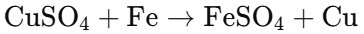 硫酸銅と鉄が反応して、鉄硫酸塩と銅が生成される反応