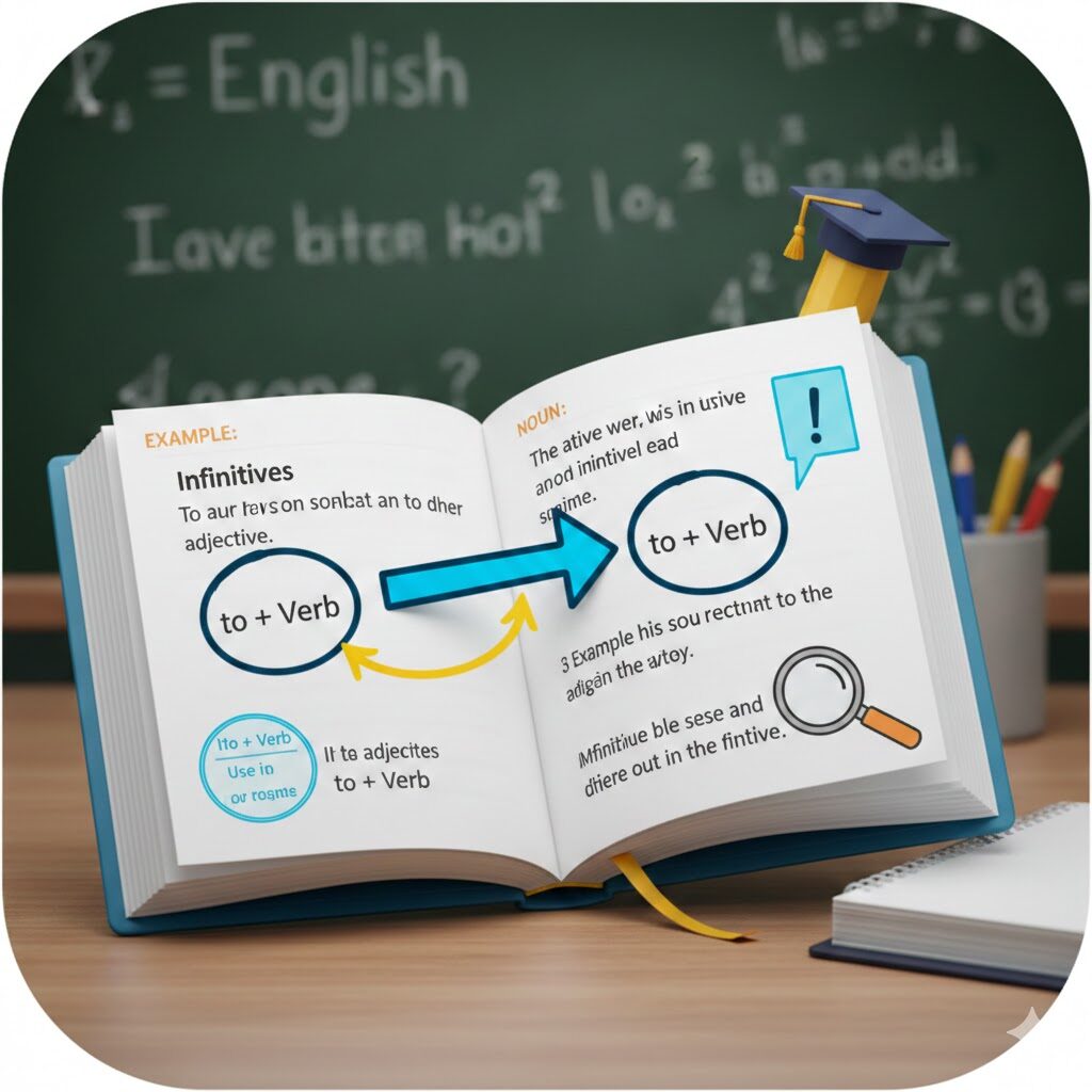 中学英語の不定詞の形容詞的用法を解説する、ノートと黒板のイメージ画像。不定詞の基本構造「to + Verb」が図解され、名詞を修飾する流れを視覚的に表現した学習用のアイキャッチ。