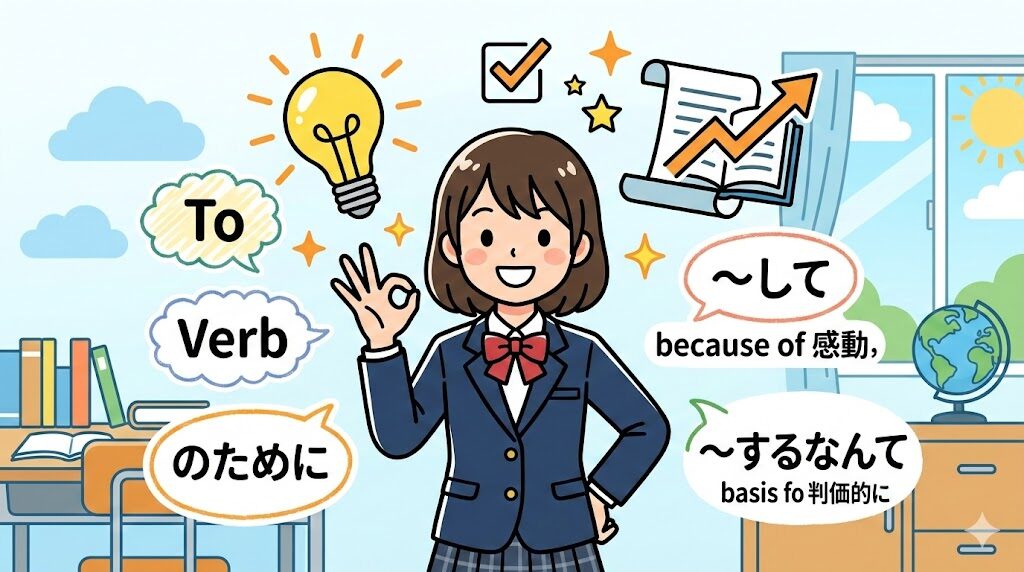 明るい教室で笑顔を見せる女子中学生のイラスト。周りには不定詞の副詞的用法の3つの意味「～するために（目的）」「～して（感情の原因）」「～するなんて（判断の根拠）」を示す吹き出しと、学習の成功を象徴する電球やグラフが描かれている。