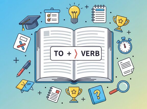 開いた参考書の上に「TO + VERB」と書かれた赤いラベルがあり、周囲にノート、文房具、虫眼鏡、トロフィー、合格帽などの学習アイコンが配置された、不定詞の名詞的用法をイメージしたアイキャッチ画像。