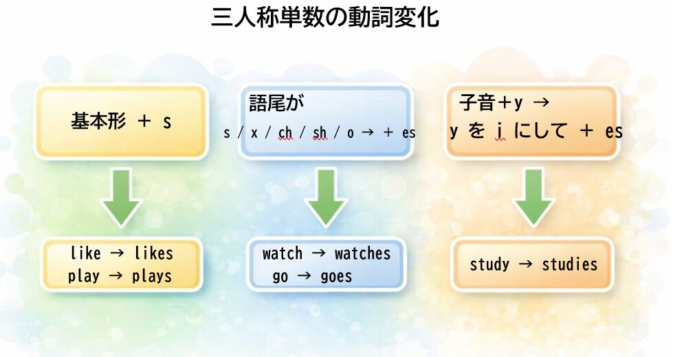 三人称単数のsのつけ方を動詞の語尾ごとに整理したイメージ図