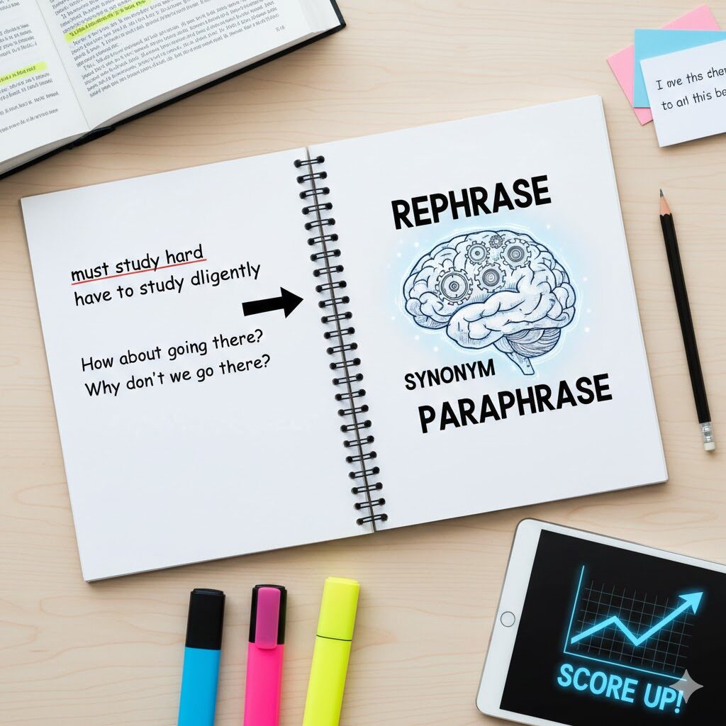 中学・高校英語の書き換え問題を学習するノートの俯瞰画像。ノートにはmust study hardからhave toへの変換例やPARAPHRASEの文字、脳のイラストが描かれ、手前にはSCORE UPと表示されたタブレットが置かれている様子。