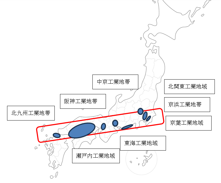 日本全国の主要な工業地帯4つと工業地域5つの場所を示す地図