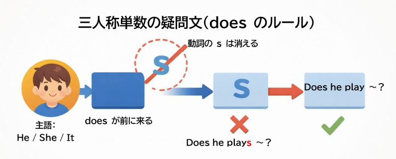 三人称単数の疑問文でDoesを使い、動詞が原形になることを示したイメージ図